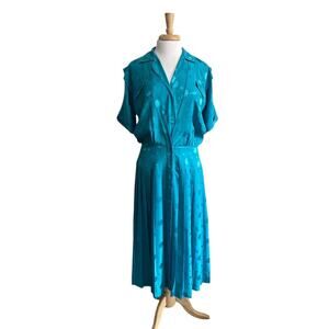 MICHELLE STUART Polka Dot Pleated Midi Secretary Day Dress Womens 14 Aqua Blue